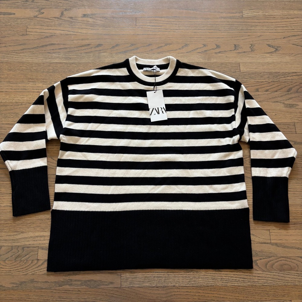 Zara Womens Striped Knit Sweater Black White Crew Neck Oversized Size M NWT
